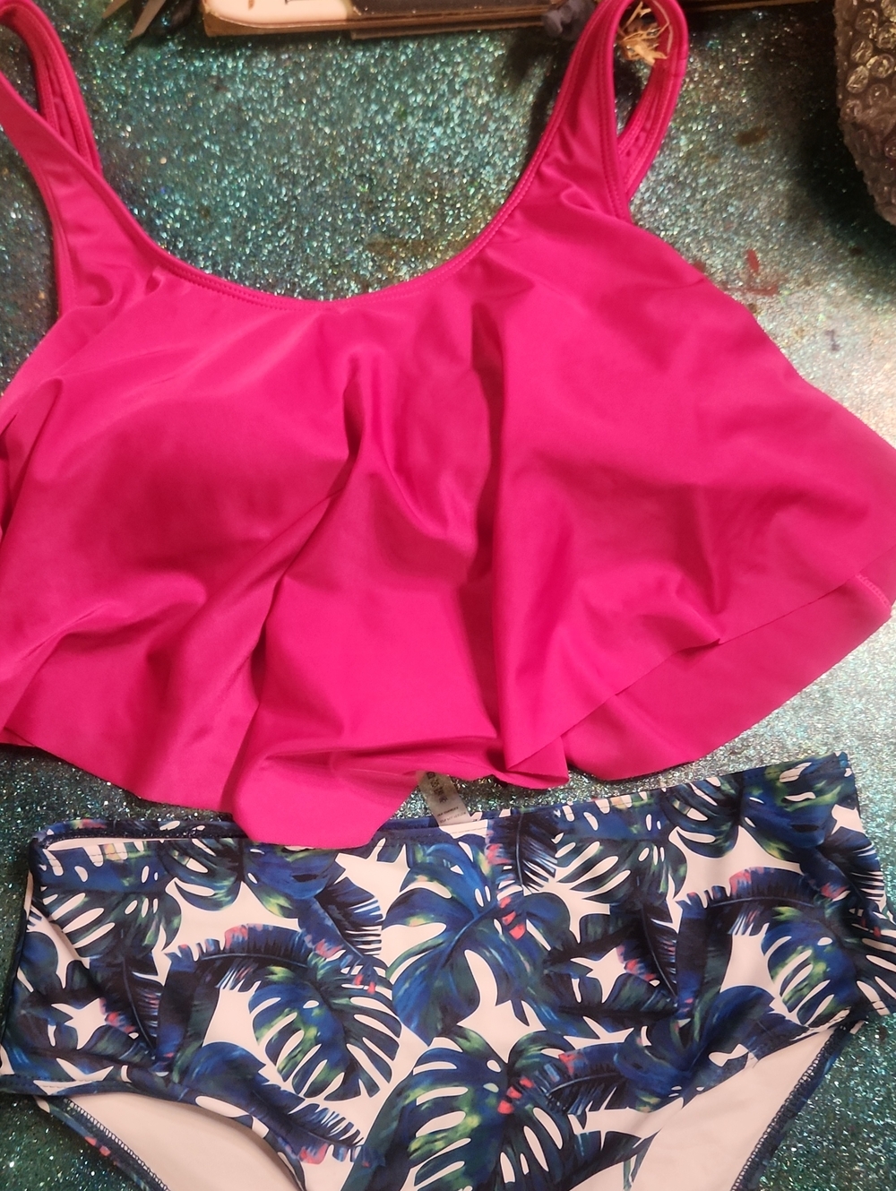 Pink Tankini Top and Tropical Print Bottoms -